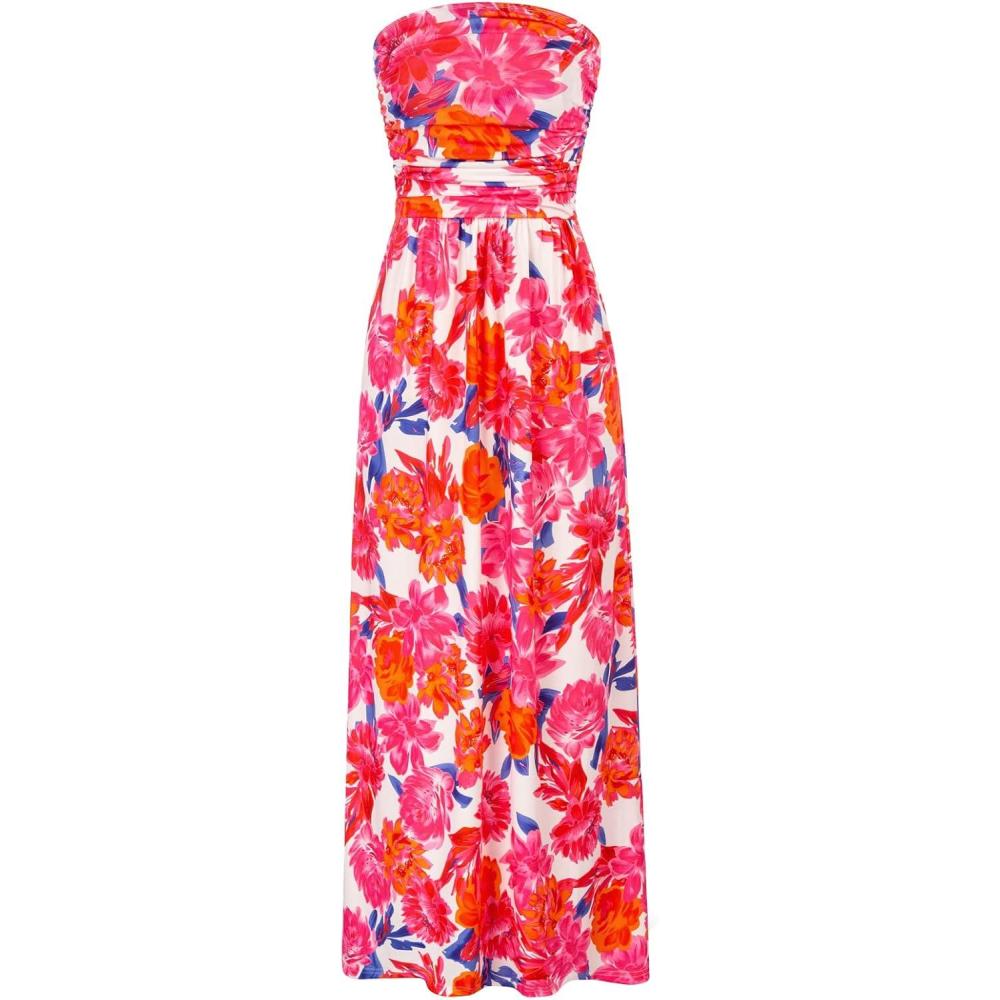 imageGRACE KARIN Women Strapless Dress Casual Loose Ruched Long Maxi Dress with PocketsPink Orange