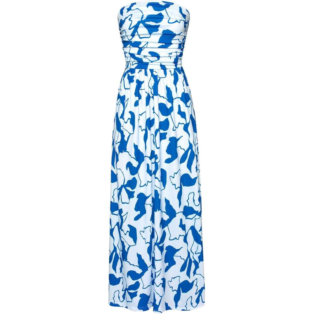 imageGRACE KARIN Women Strapless Dress Casual Loose Ruched Long Maxi Dress with PocketsWhite Blue Floral