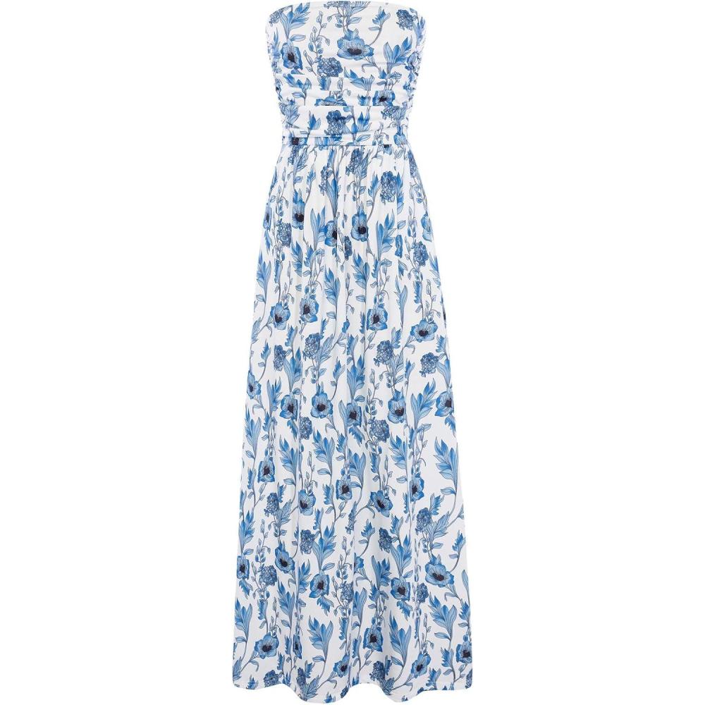 imageGRACE KARIN Women Strapless Dress Casual Loose Ruched Long Maxi Dress with PocketsWhite Blue Flower