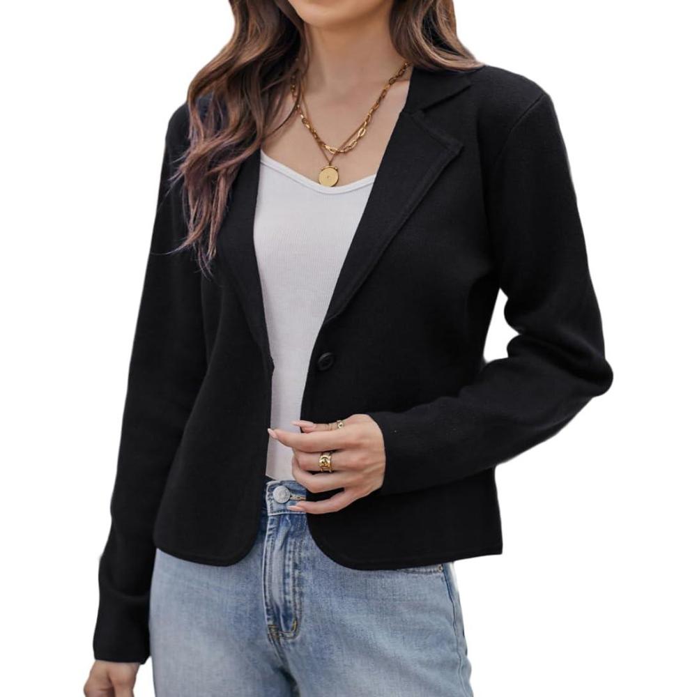 imageGRACE KARIN Women Sweater Blazer Casual Work Croppped Cardigan Lightweight Button Front Short Knit Blazer Jacket SXXLBlack