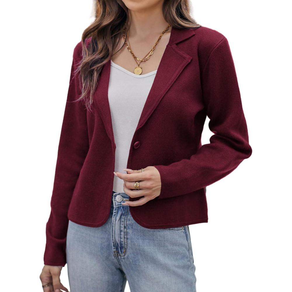 imageGRACE KARIN Women Sweater Blazer Casual Work Croppped Cardigan Lightweight Button Front Short Knit Blazer Jacket SXXLBurgundy