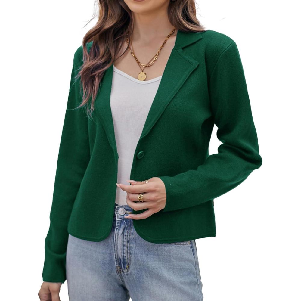 imageGRACE KARIN Women Sweater Blazer Casual Work Croppped Cardigan Lightweight Button Front Short Knit Blazer Jacket SXXLGreen