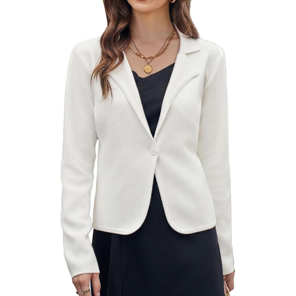 imageGRACE KARIN Women Sweater Blazer Casual Work Croppped Cardigan Lightweight Button Front Short Knit Blazer Jacket SXXLIvorywhite