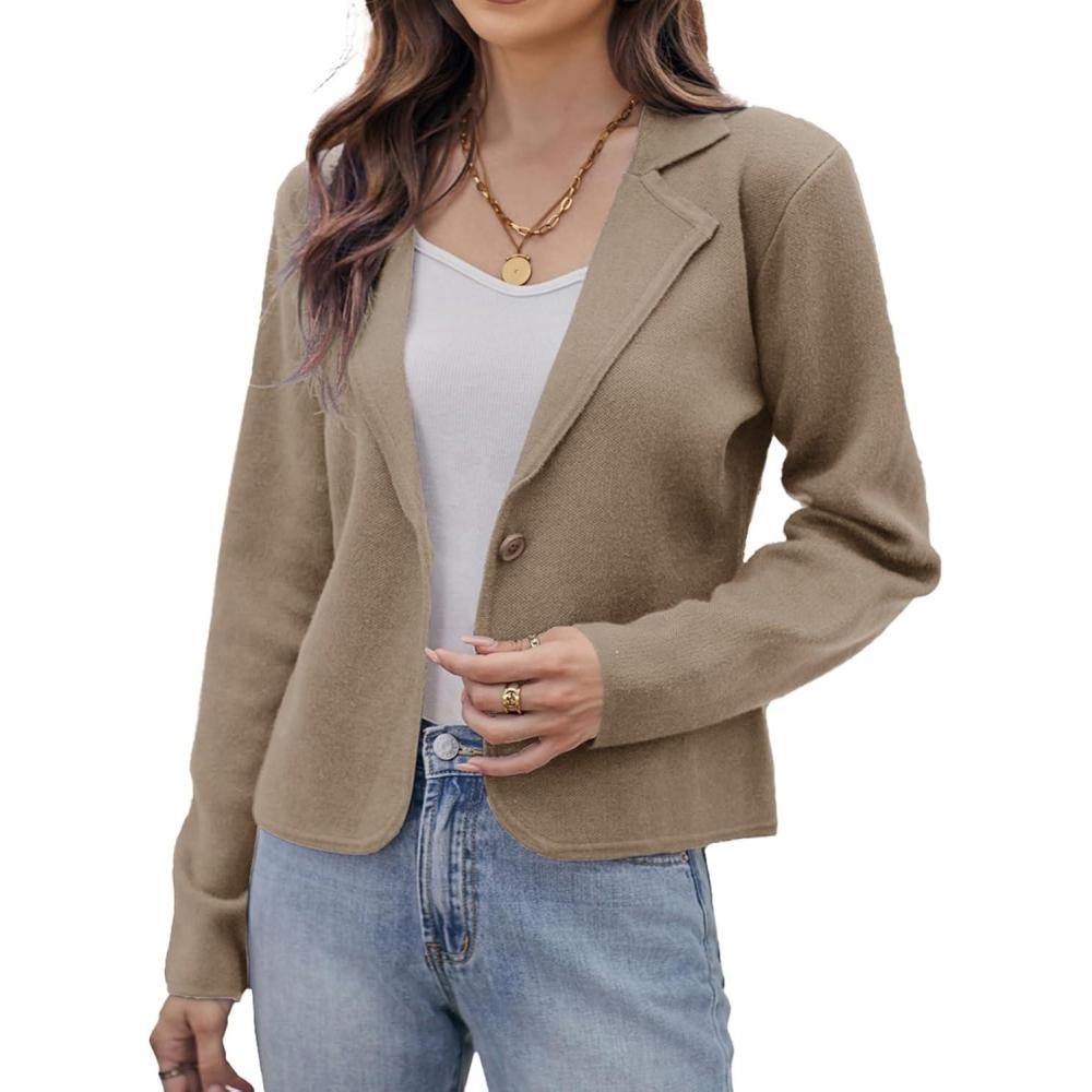 imageGRACE KARIN Women Sweater Blazer Casual Work Croppped Cardigan Lightweight Button Front Short Knit Blazer Jacket SXXLKhaki