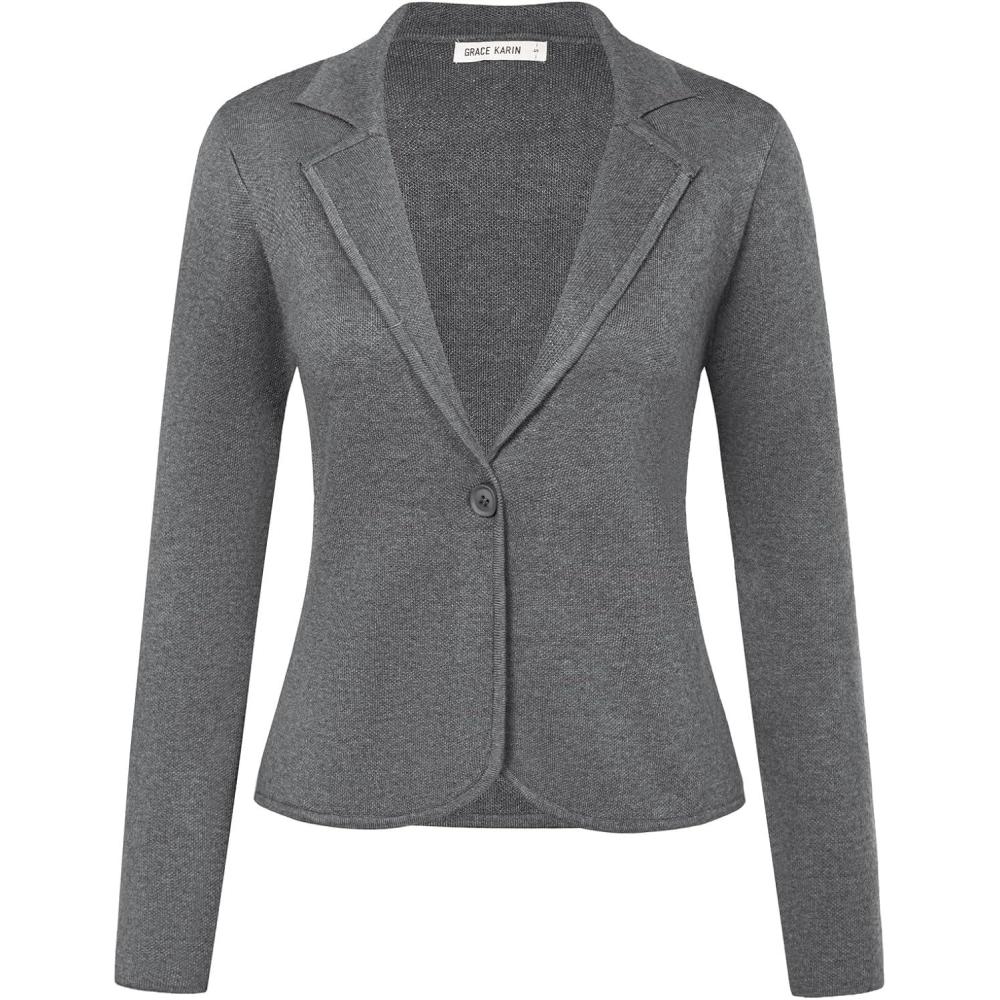 imageGRACE KARIN Women Sweater Blazer Casual Work Croppped Cardigan Lightweight Button Front Short Knit Blazer Jacket SXXLMedium Grey
