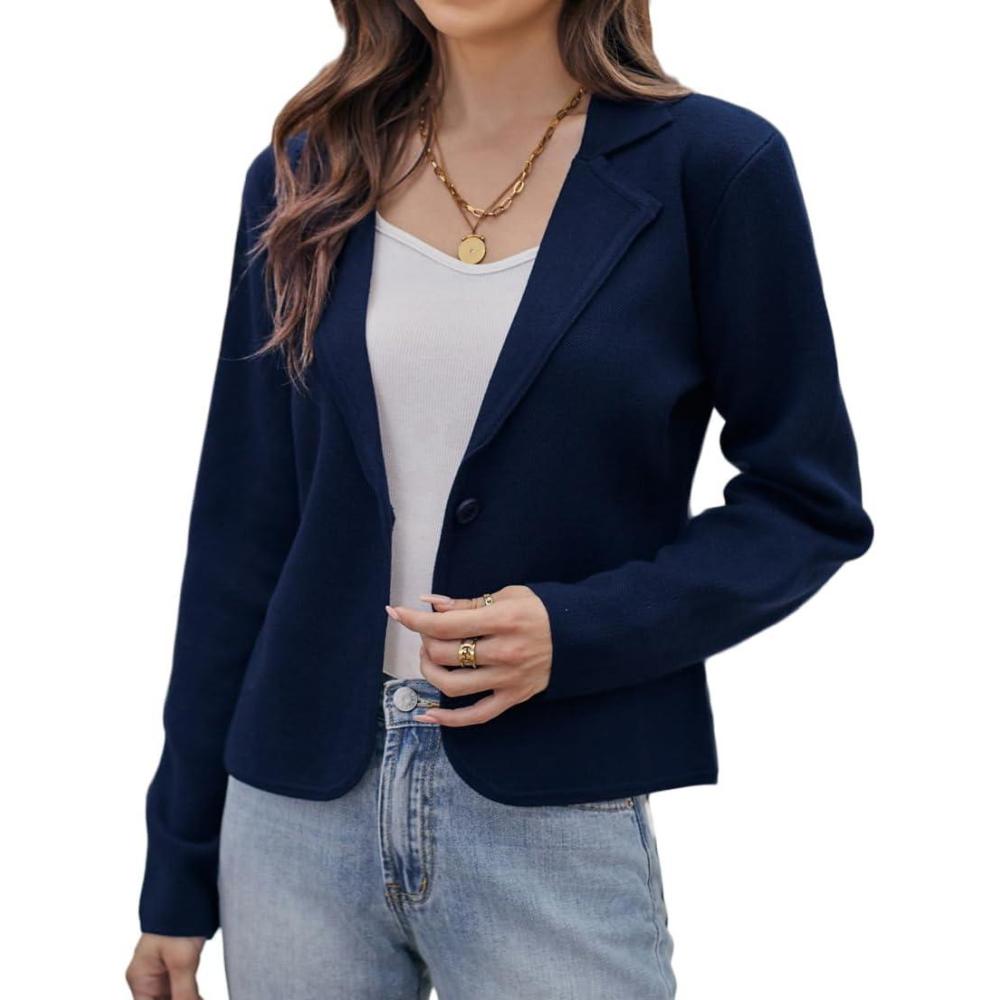 imageGRACE KARIN Women Sweater Blazer Casual Work Croppped Cardigan Lightweight Button Front Short Knit Blazer Jacket SXXLNavy Blue