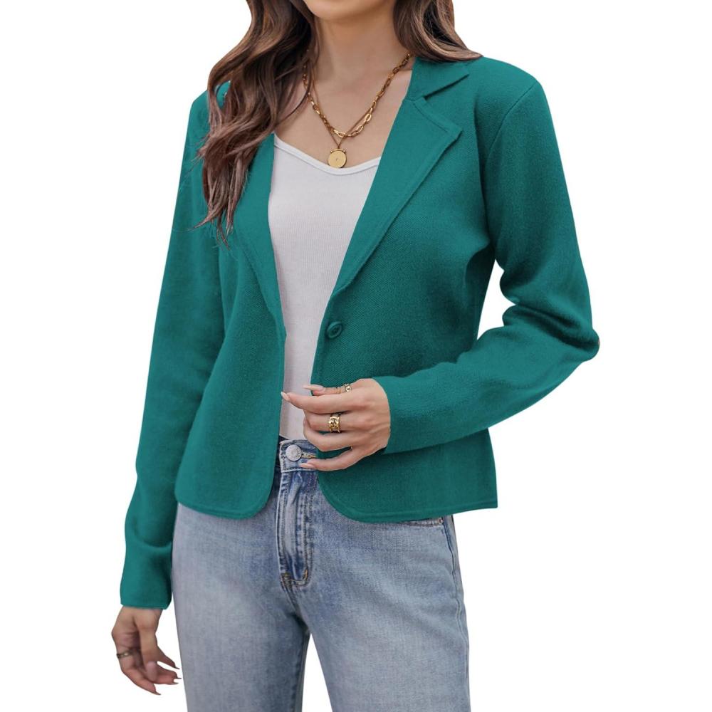 imageGRACE KARIN Women Sweater Blazer Casual Work Croppped Cardigan Lightweight Button Front Short Knit Blazer Jacket SXXLPeacock Blue