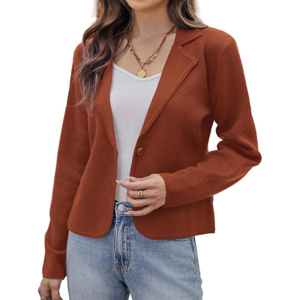imageGRACE KARIN Women Sweater Blazer Casual Work Croppped Cardigan Lightweight Button Front Short Knit Blazer Jacket SXXLRust Brown