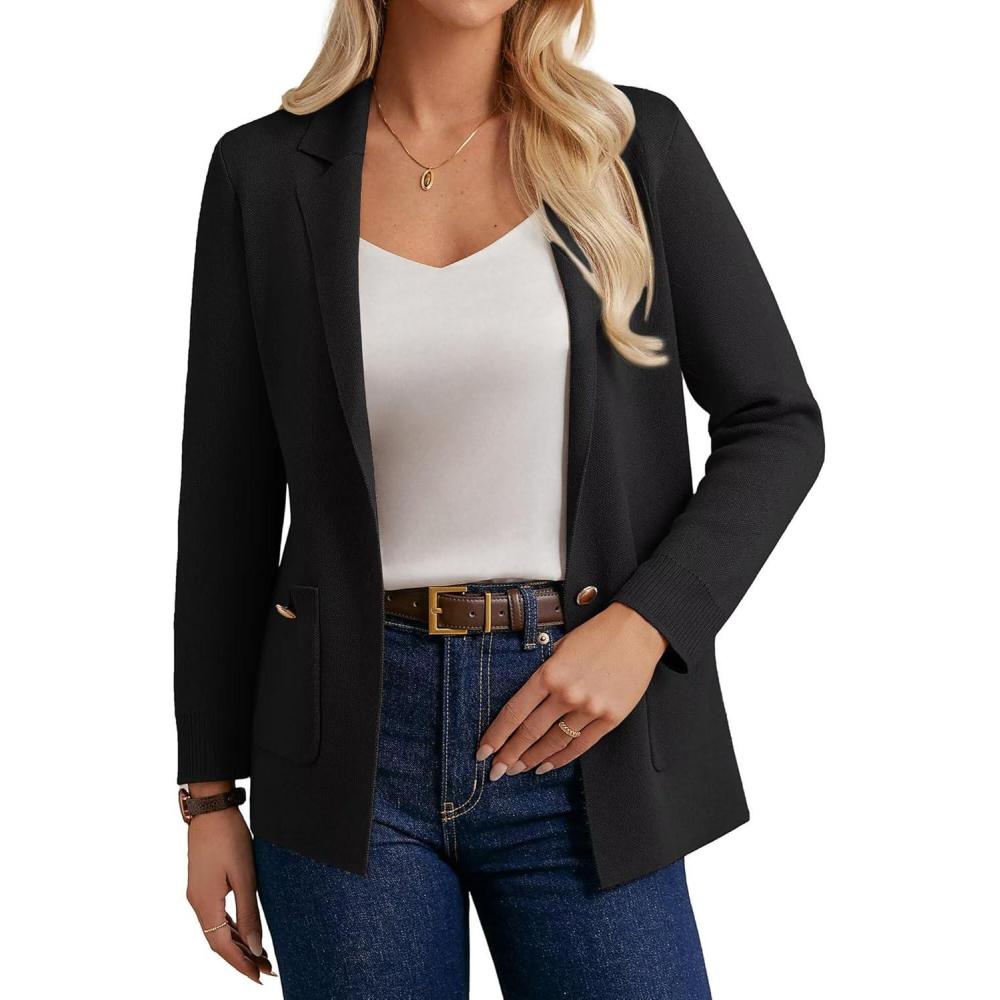 imageGRACE KARIN Women Sweater Blazers Business Casual Long Sleeve Work Cardigan Open Front Lapel Suit Jackets with PocketsBlack