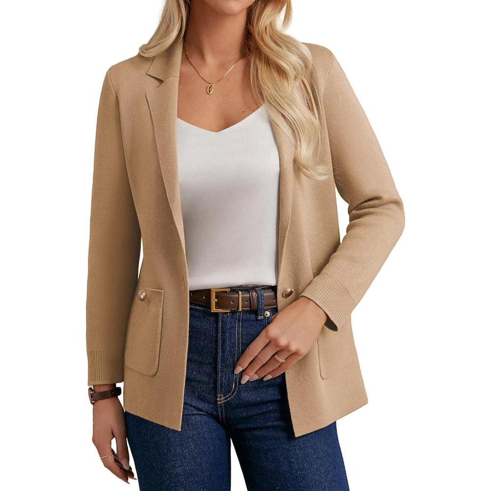 imageGRACE KARIN Women Sweater Blazers Business Casual Long Sleeve Work Cardigan Open Front Lapel Suit Jackets with PocketsCamel