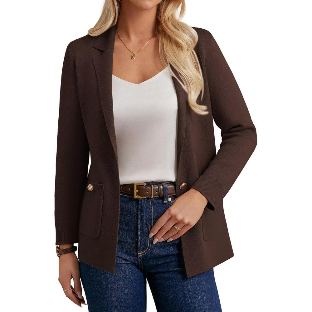 imageGRACE KARIN Women Sweater Blazers Business Casual Long Sleeve Work Cardigan Open Front Lapel Suit Jackets with PocketsChocolate Brown