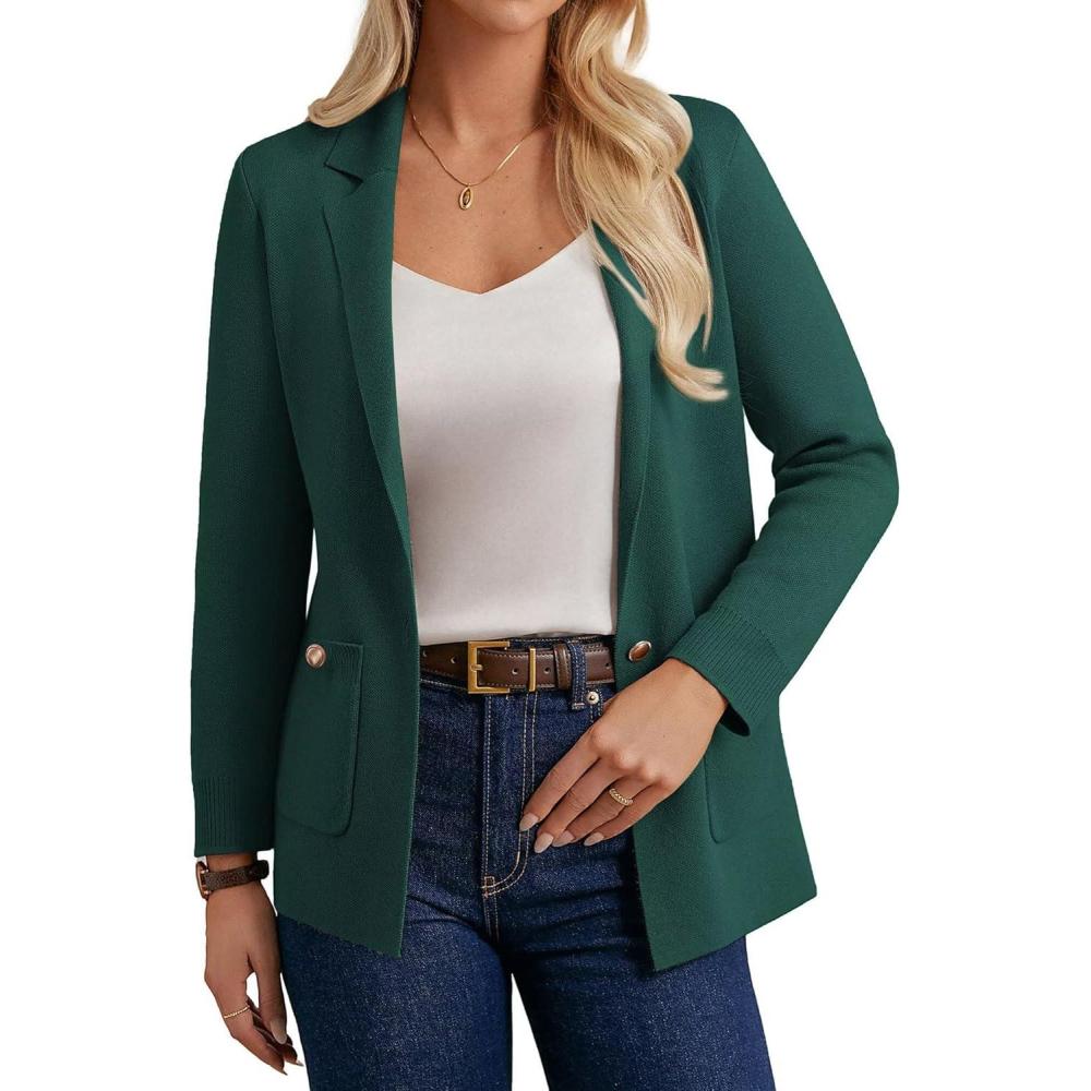 imageGRACE KARIN Women Sweater Blazers Business Casual Long Sleeve Work Cardigan Open Front Lapel Suit Jackets with PocketsGreen