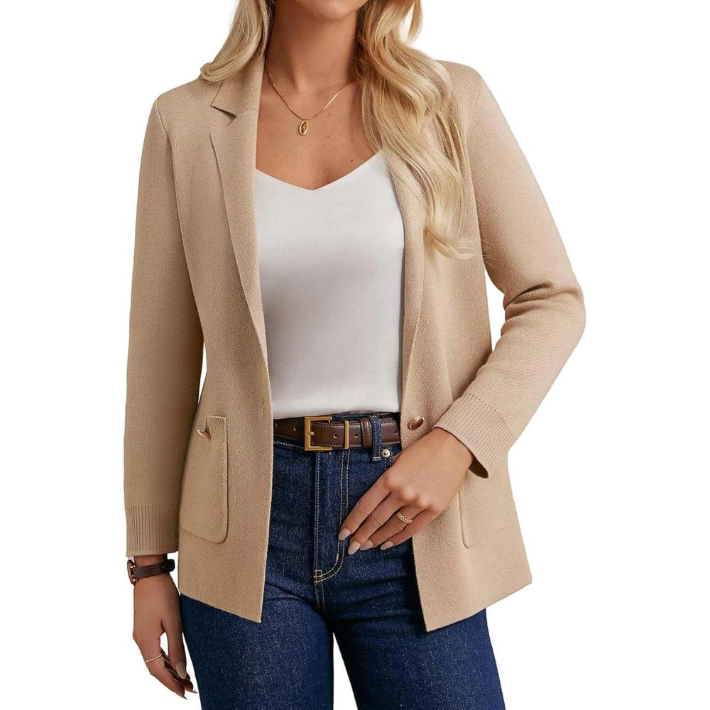 imageGRACE KARIN Women Sweater Blazers Business Casual Long Sleeve Work Cardigan Open Front Lapel Suit Jackets with PocketsKhaki