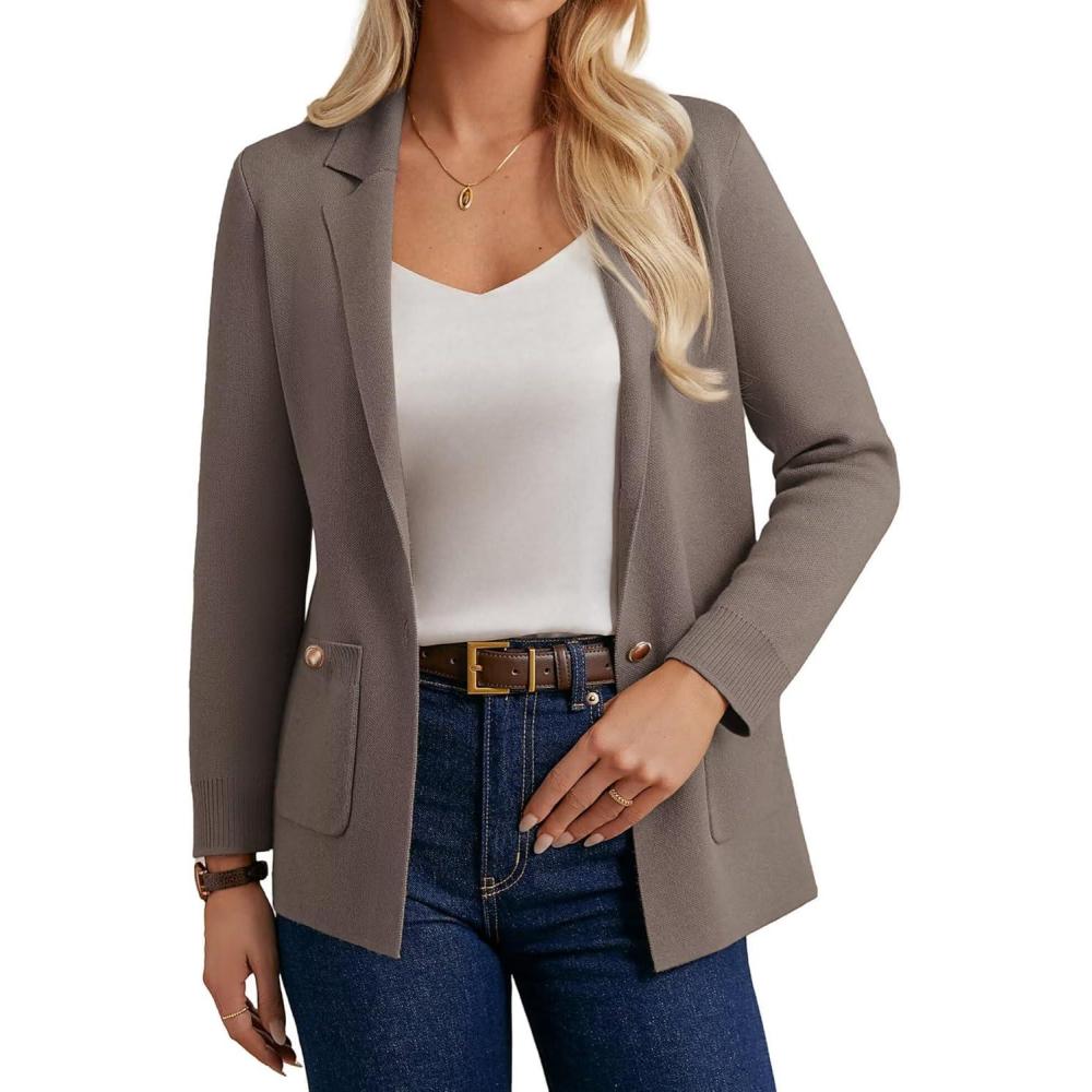 imageGRACE KARIN Women Sweater Blazers Business Casual Long Sleeve Work Cardigan Open Front Lapel Suit Jackets with PocketsMid Camel