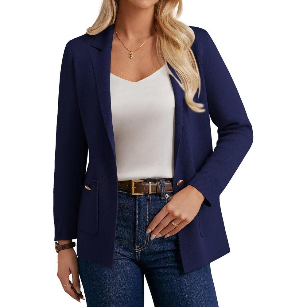 imageGRACE KARIN Women Sweater Blazers Business Casual Long Sleeve Work Cardigan Open Front Lapel Suit Jackets with PocketsNavy Blue