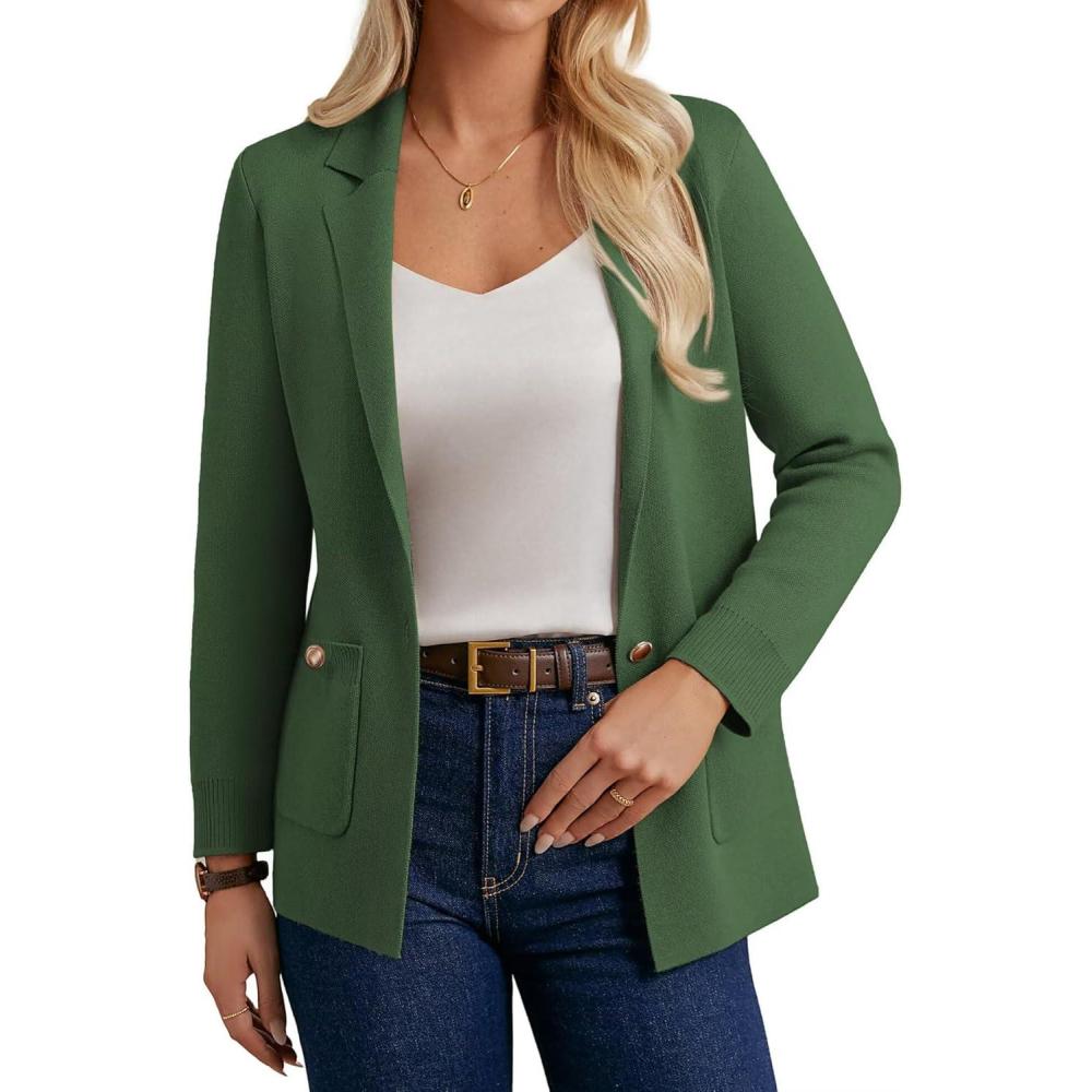 imageGRACE KARIN Women Sweater Blazers Business Casual Long Sleeve Work Cardigan Open Front Lapel Suit Jackets with PocketsOlive Green