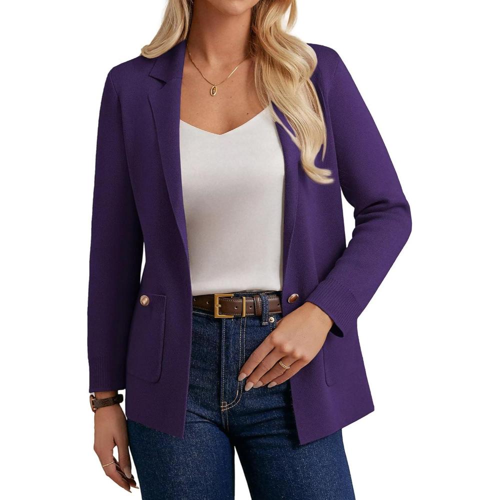 imageGRACE KARIN Women Sweater Blazers Business Casual Long Sleeve Work Cardigan Open Front Lapel Suit Jackets with PocketsPurple