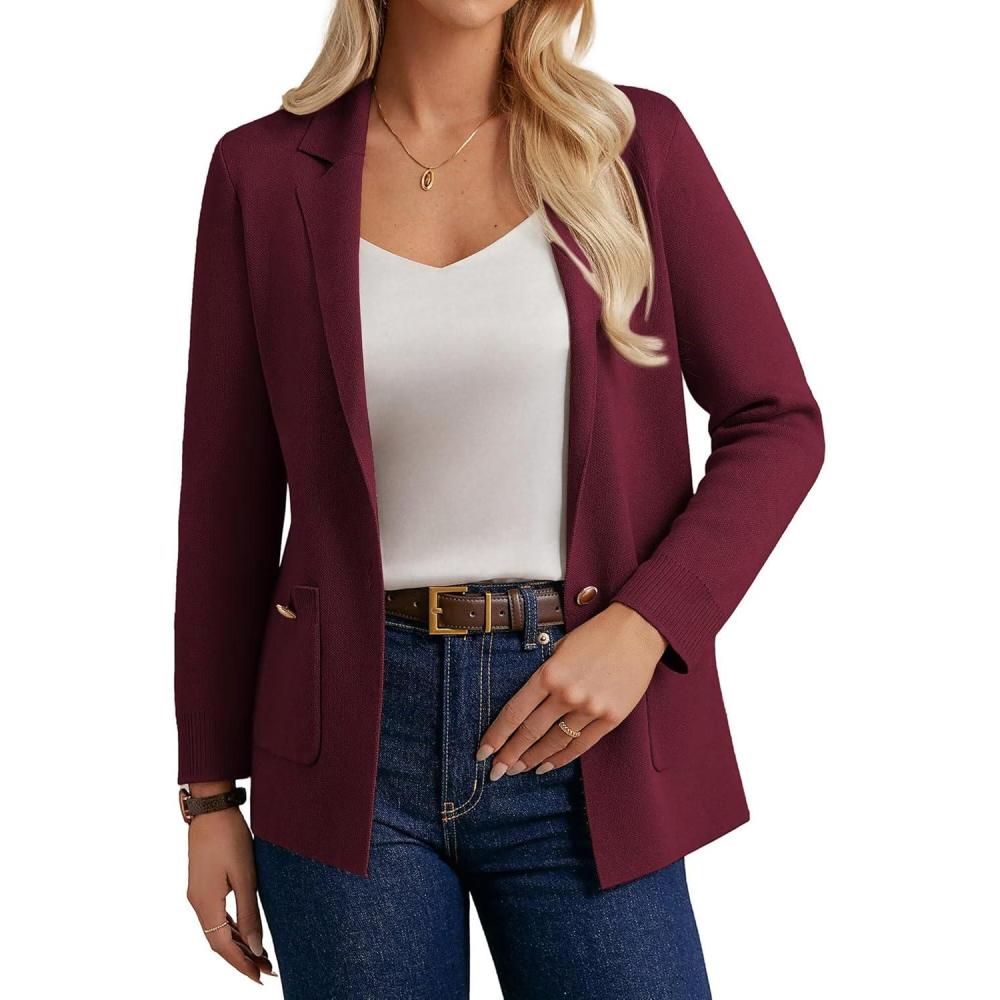imageGRACE KARIN Women Sweater Blazers Business Casual Long Sleeve Work Cardigan Open Front Lapel Suit Jackets with PocketsWine Red