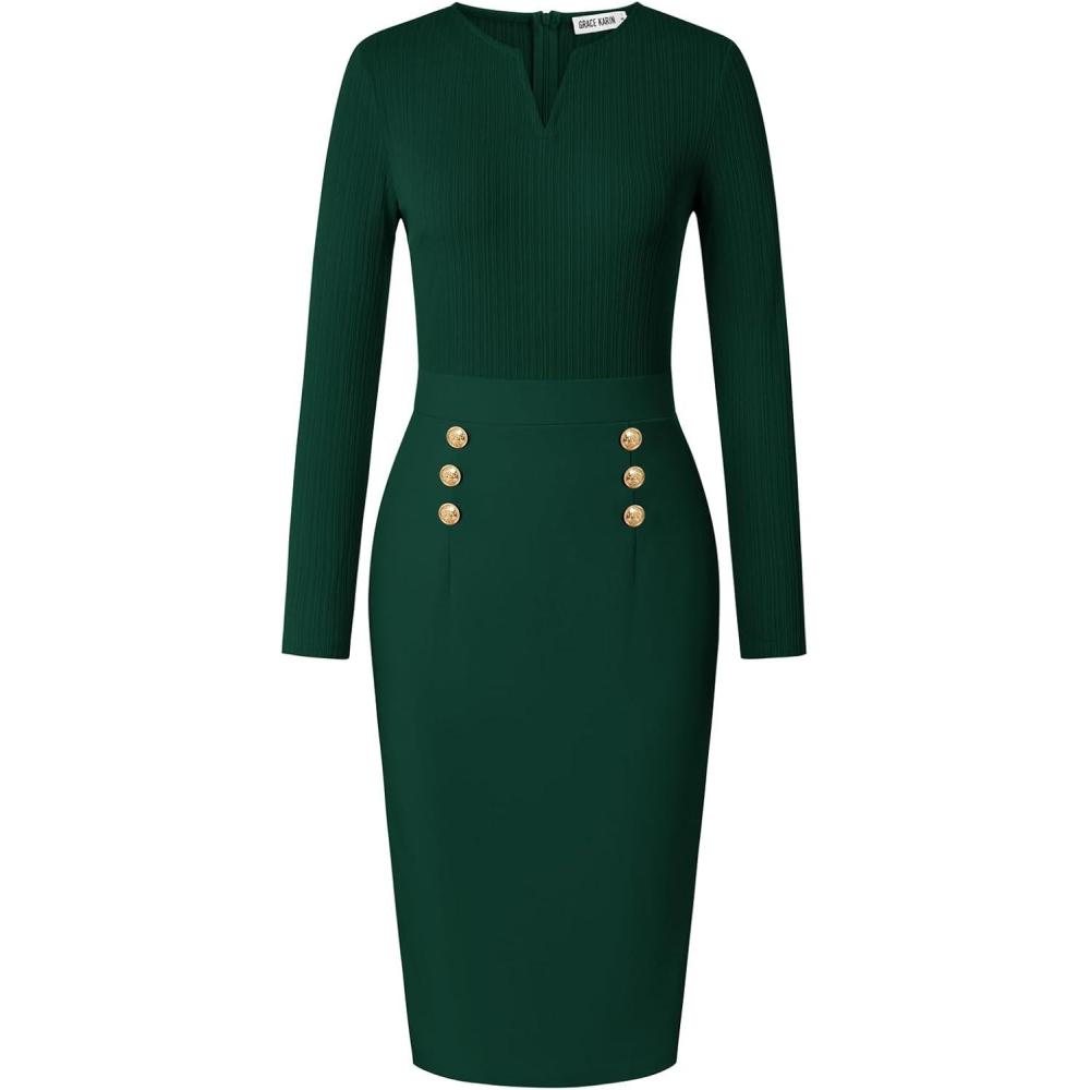 imageGRACE KARIN Womens 2026 Fall Henly V Neck Business Work Dress Long Sleeve Bodycon Midi Elegant Office Sheath DressDark Green