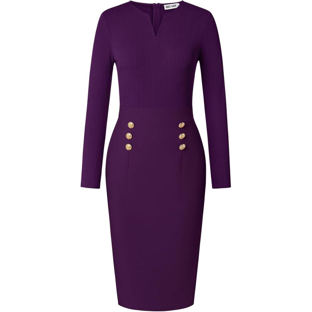 imageGRACE KARIN Womens 2026 Fall Henly V Neck Business Work Dress Long Sleeve Bodycon Midi Elegant Office Sheath DressDark Purple