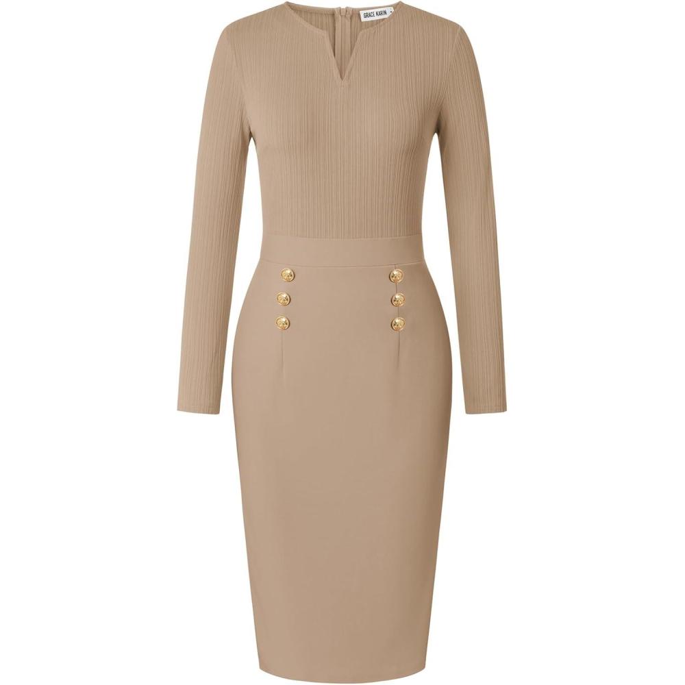 imageGRACE KARIN Womens 2026 Fall Henly V Neck Business Work Dress Long Sleeve Bodycon Midi Elegant Office Sheath DressKhaki