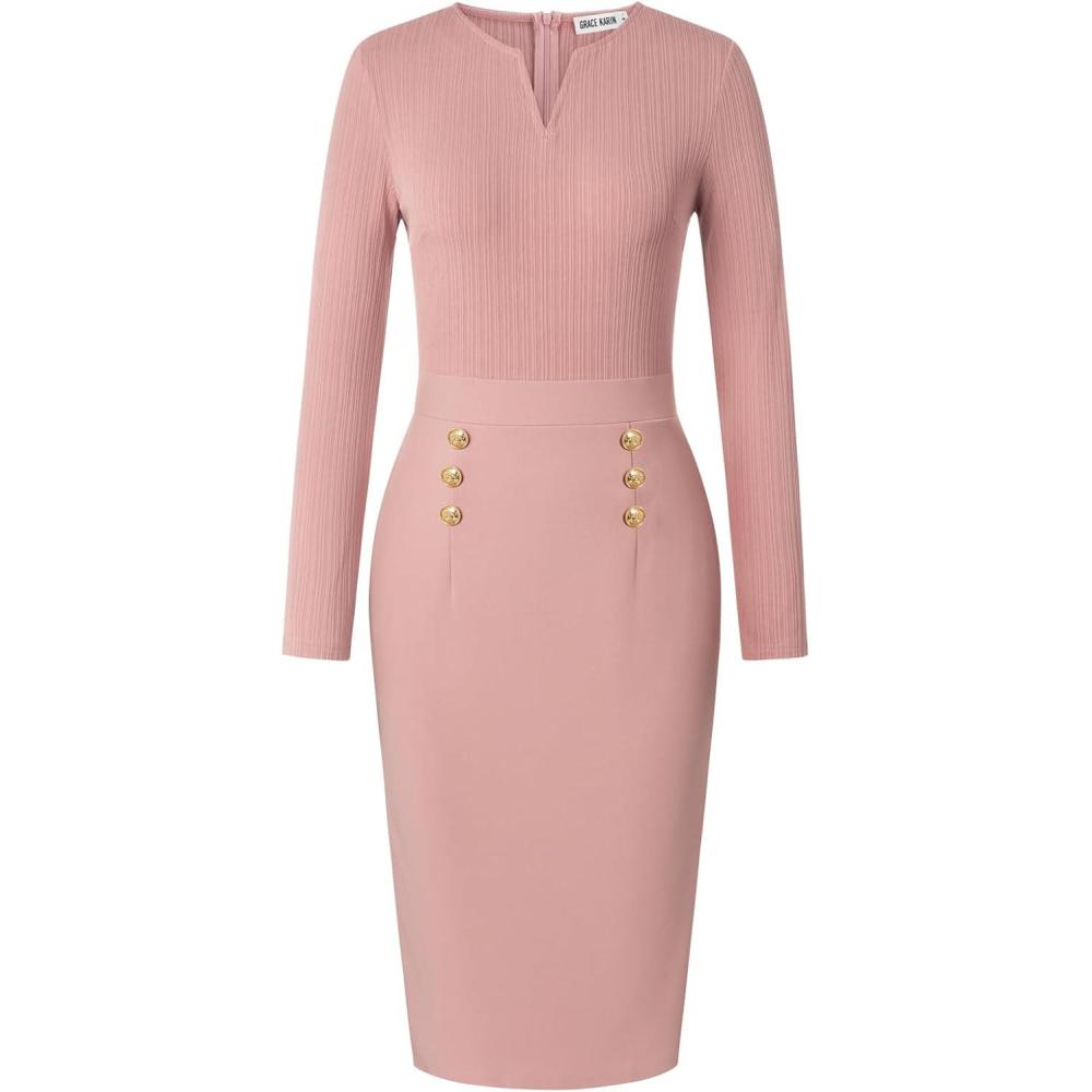 imageGRACE KARIN Womens 2026 Fall Henly V Neck Business Work Dress Long Sleeve Bodycon Midi Elegant Office Sheath DressPink