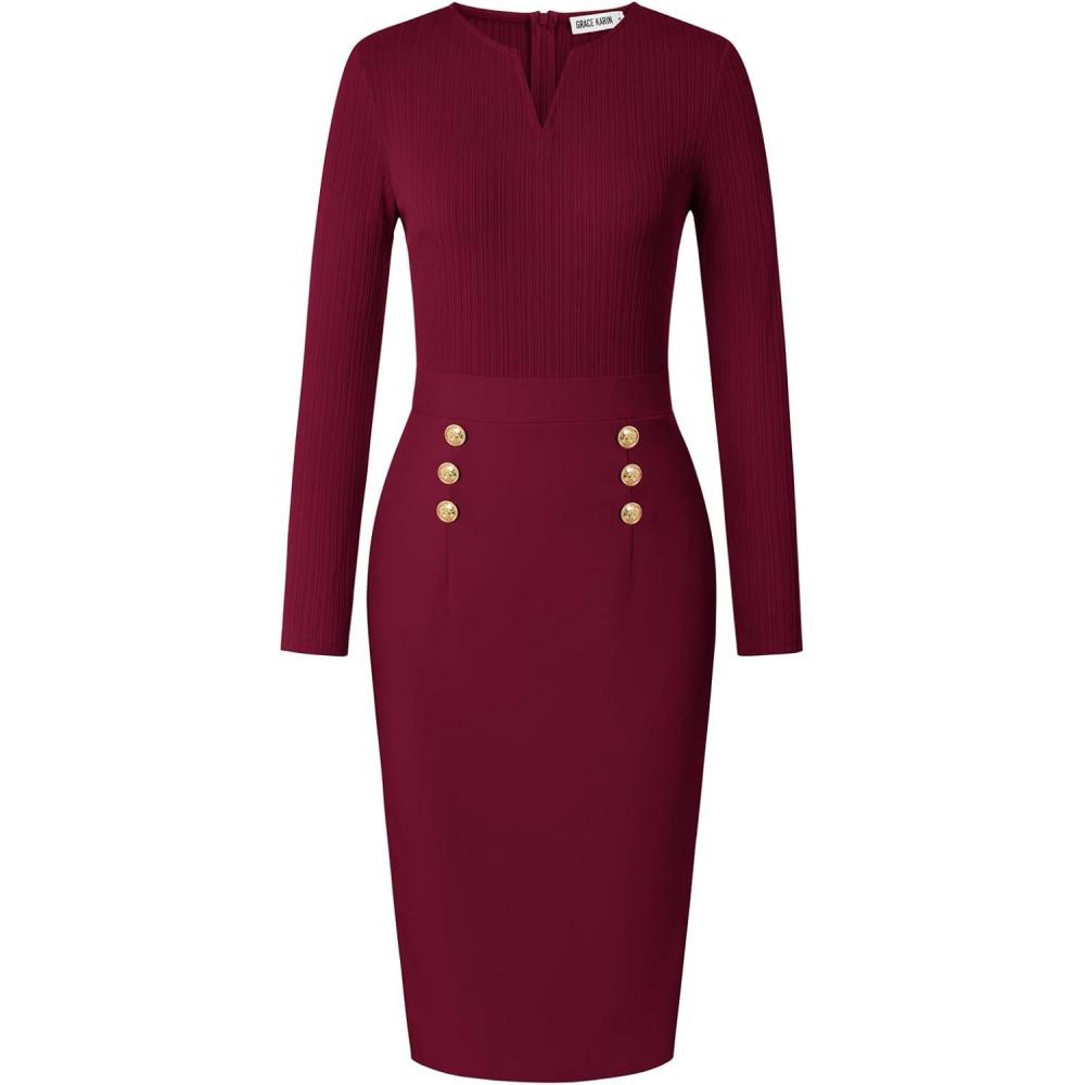 imageGRACE KARIN Womens 2026 Fall Henly V Neck Business Work Dress Long Sleeve Bodycon Midi Elegant Office Sheath DressWine Red