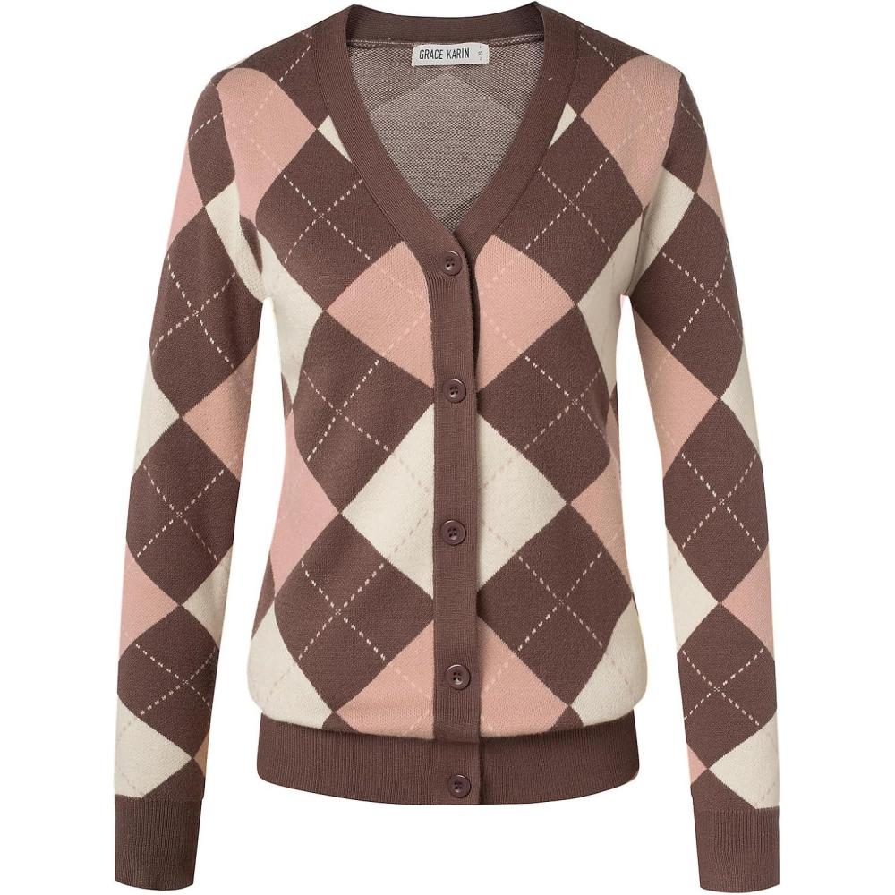 imageGRACE KARIN Womens Cardigan Sweater Spring Fashion Long Sleeve Argyle Sweater V Neck Button Up Cardigan Preppy ClothesPink Coffee