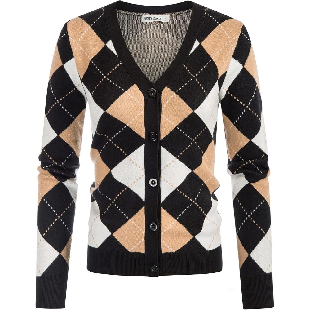 imageGRACE KARIN Womens Cardigan Sweater Spring Fashion Long Sleeve Argyle Sweater V Neck Button Up Cardigan Preppy ClothesPlaid Camel White