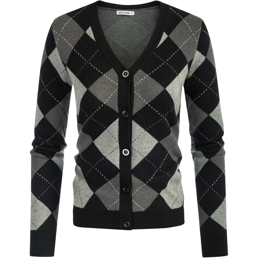 imageGRACE KARIN Womens Cardigan Sweater Spring Fashion Long Sleeve Argyle Sweater V Neck Button Up Cardigan Preppy ClothesPlaid Gray Black