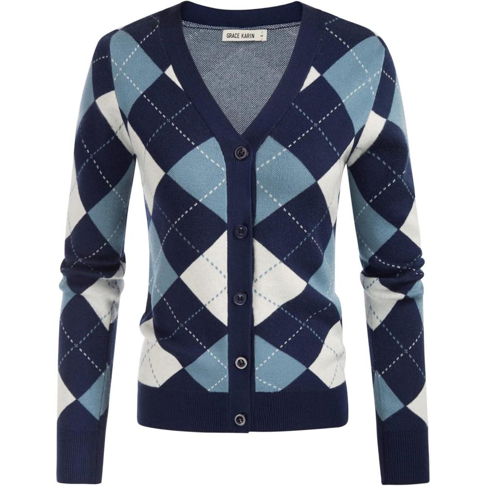 imageGRACE KARIN Womens Cardigan Sweater Spring Fashion Long Sleeve Argyle Sweater V Neck Button Up Cardigan Preppy ClothesPlaid Light Blue
