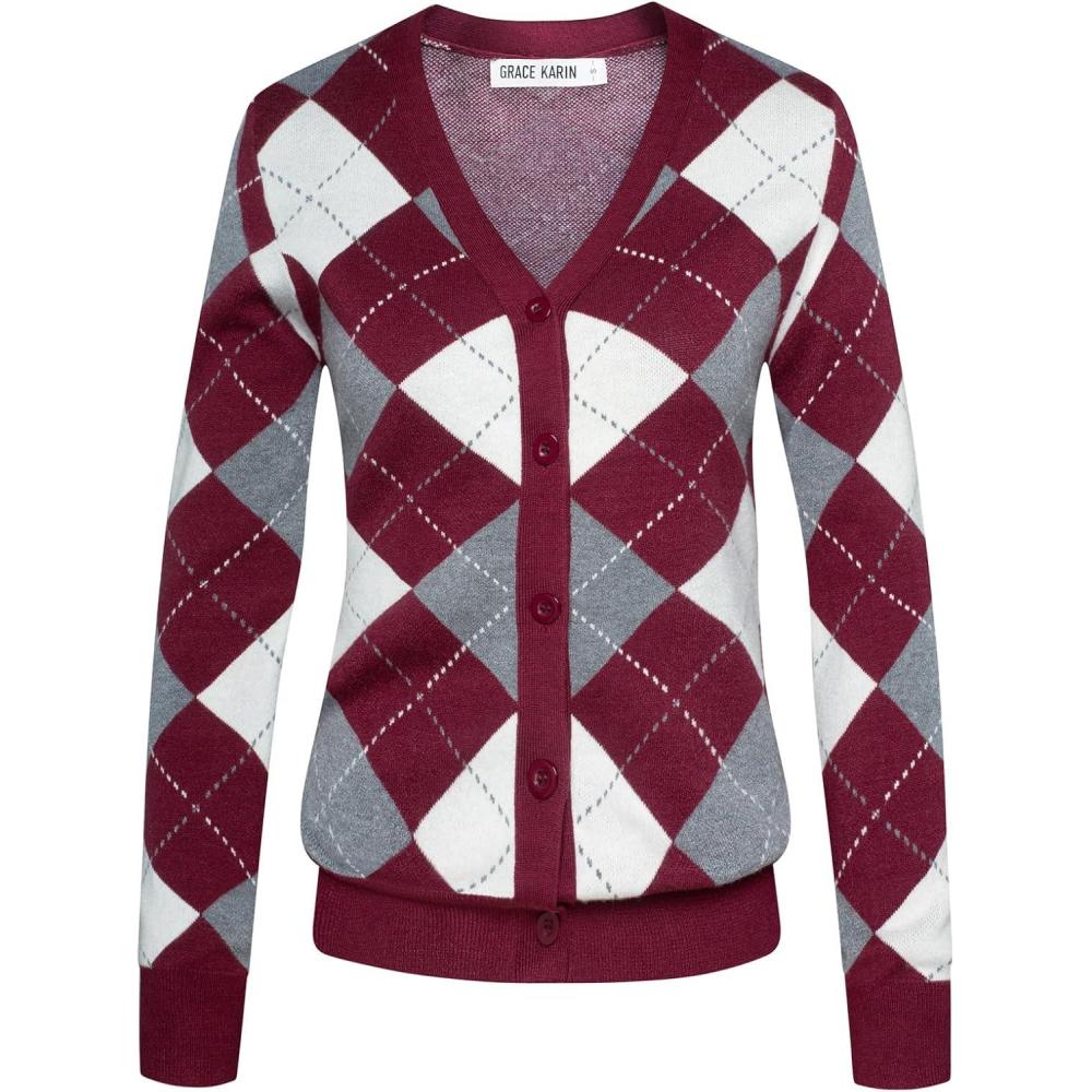 imageGRACE KARIN Womens Cardigan Sweater Spring Fashion Long Sleeve Argyle Sweater V Neck Button Up Cardigan Preppy ClothesWine
