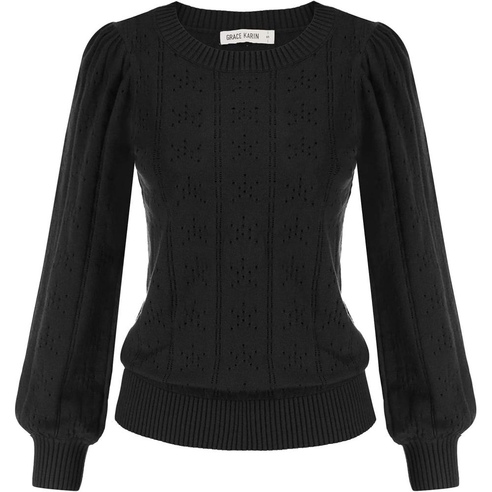 imageGRACE KARIN Womens Long Lantern Sleeve Crew Neck Crochet Top Hollow Out Fall Pullover SweaterCl0834 Black Long Sleeve