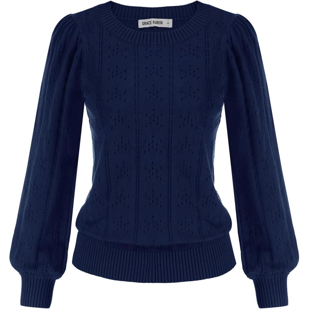 imageGRACE KARIN Womens Long Lantern Sleeve Crew Neck Crochet Top Hollow Out Fall Pullover SweaterCl0834 Dark Blue Long Sleeve