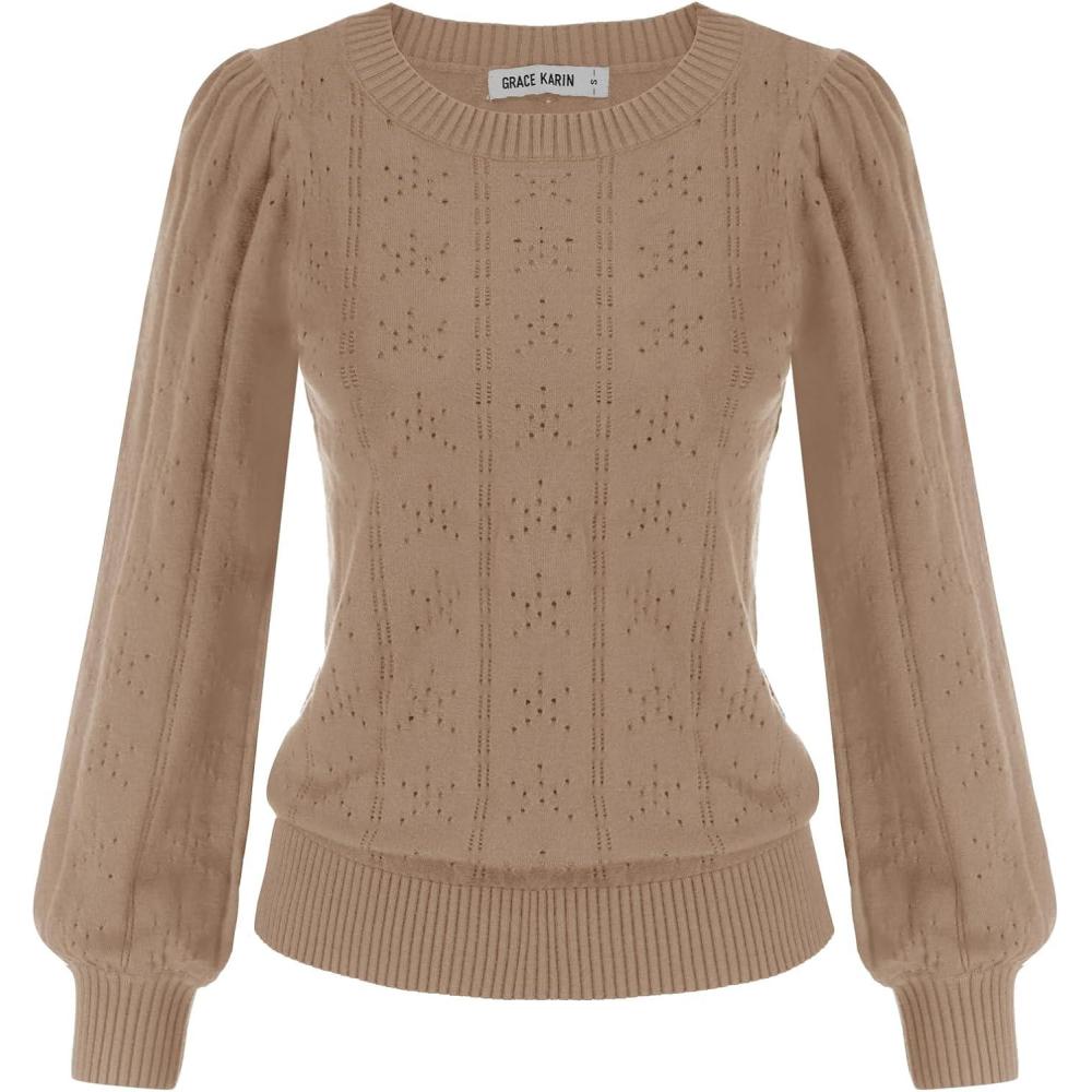imageGRACE KARIN Womens Long Lantern Sleeve Crew Neck Crochet Top Hollow Out Fall Pullover SweaterCl0834 Dark Khaki Long Sleeve