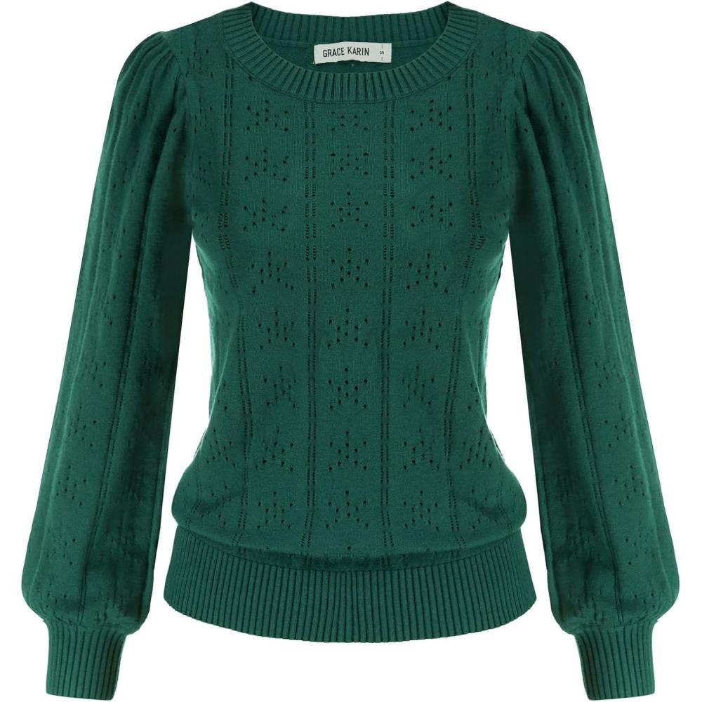 imageGRACE KARIN Womens Long Lantern Sleeve Crew Neck Crochet Top Hollow Out Fall Pullover SweaterCl0834 Green Long Sleeve