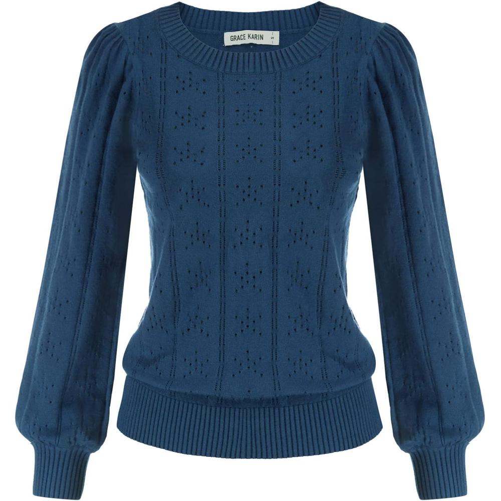 imageGRACE KARIN Womens Long Lantern Sleeve Crew Neck Crochet Top Hollow Out Fall Pullover SweaterCl0834 Navy Blue Long Sleeve