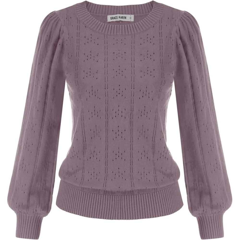 imageGRACE KARIN Womens Long Lantern Sleeve Crew Neck Crochet Top Hollow Out Fall Pullover SweaterCl0834 Purple Long Sleeve