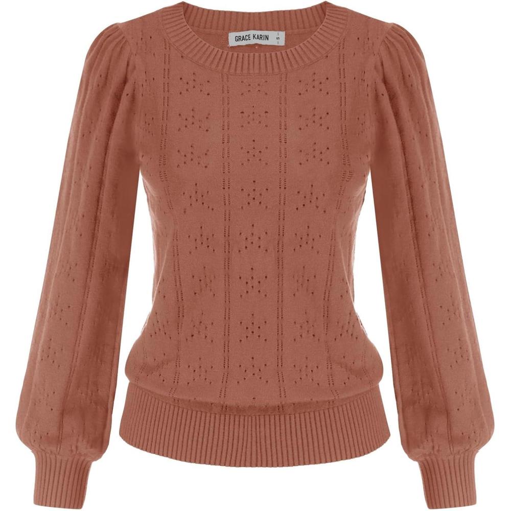 imageGRACE KARIN Womens Long Lantern Sleeve Crew Neck Crochet Top Hollow Out Fall Pullover SweaterCl0834 Red Brown Long Sleeve