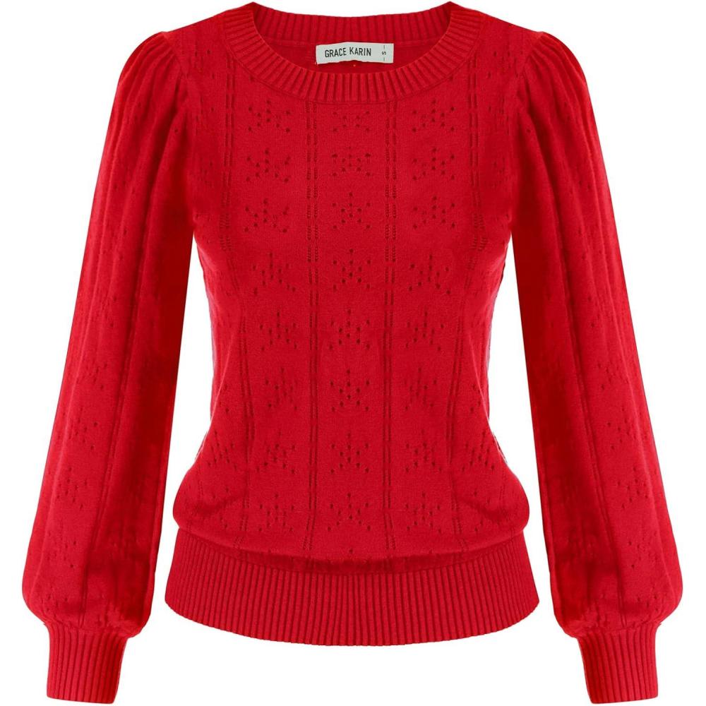 imageGRACE KARIN Womens Long Lantern Sleeve Crew Neck Crochet Top Hollow Out Fall Pullover SweaterCl0834 Red Long Sleeve