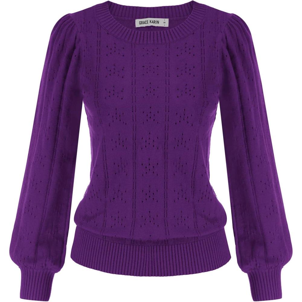 imageGRACE KARIN Womens Long Lantern Sleeve Crew Neck Crochet Top Hollow Out Fall Pullover SweaterDark Purple
