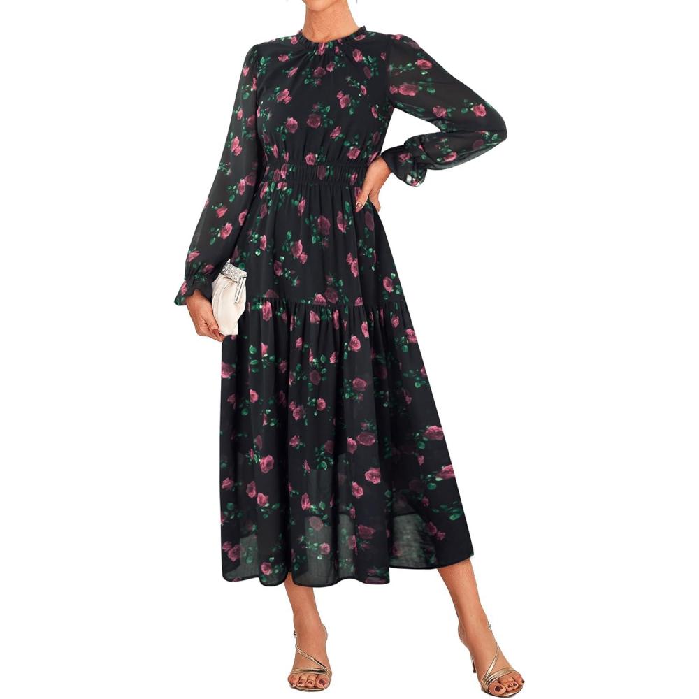 imageGRACE KARIN Womens Long Sleeve Maxi Dress 2026 Chiffon Flowy Wedding Guest Dresses Floral Dress with PocketsBlack Flower