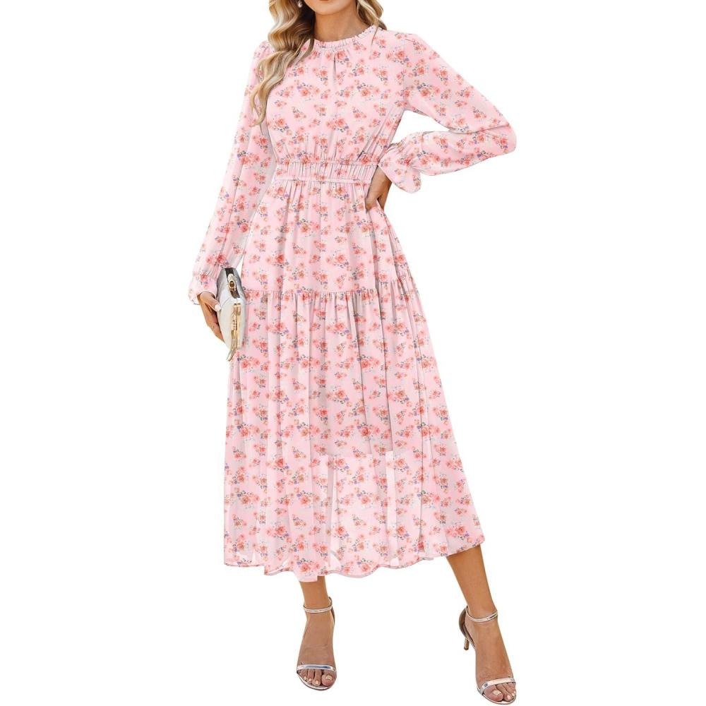imageGRACE KARIN Womens Long Sleeve Maxi Dress 2026 Chiffon Flowy Wedding Guest Dresses Floral Dress with PocketsPink Floral