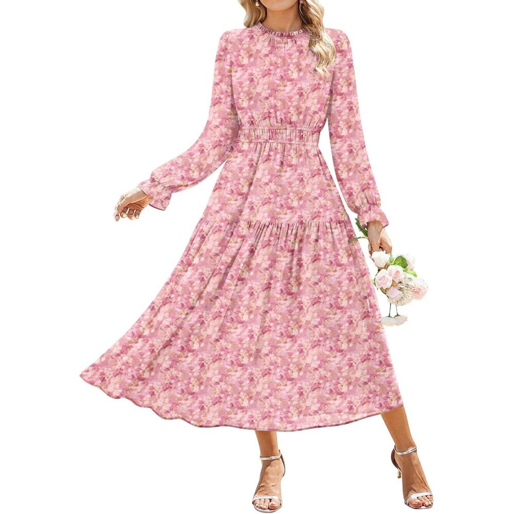 imageGRACE KARIN Womens Long Sleeve Maxi Dress 2026 Chiffon Flowy Wedding Guest Dresses Floral Dress with PocketsPink and Yellow White Floral