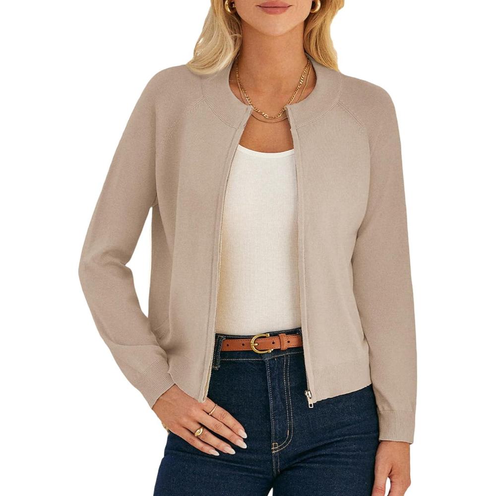 imageGRACE KARIN Womens Long Sleeve Zip Up Cardigan Sweaters Lightweight Fashion Sweater Jacket Knitted Spring ClothesKhaki