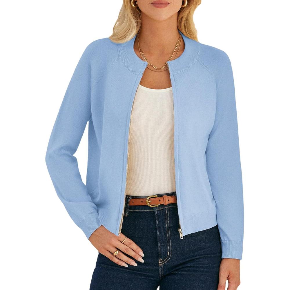 imageGRACE KARIN Womens Long Sleeve Zip Up Cardigan Sweaters Lightweight Fashion Sweater Jacket Knitted Spring ClothesLight Blue