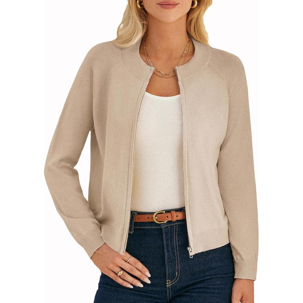 imageGRACE KARIN Womens Long Sleeve Zip Up Cardigan Sweaters Lightweight Fashion Sweater Jacket Knitted Spring ClothesLight Khaki