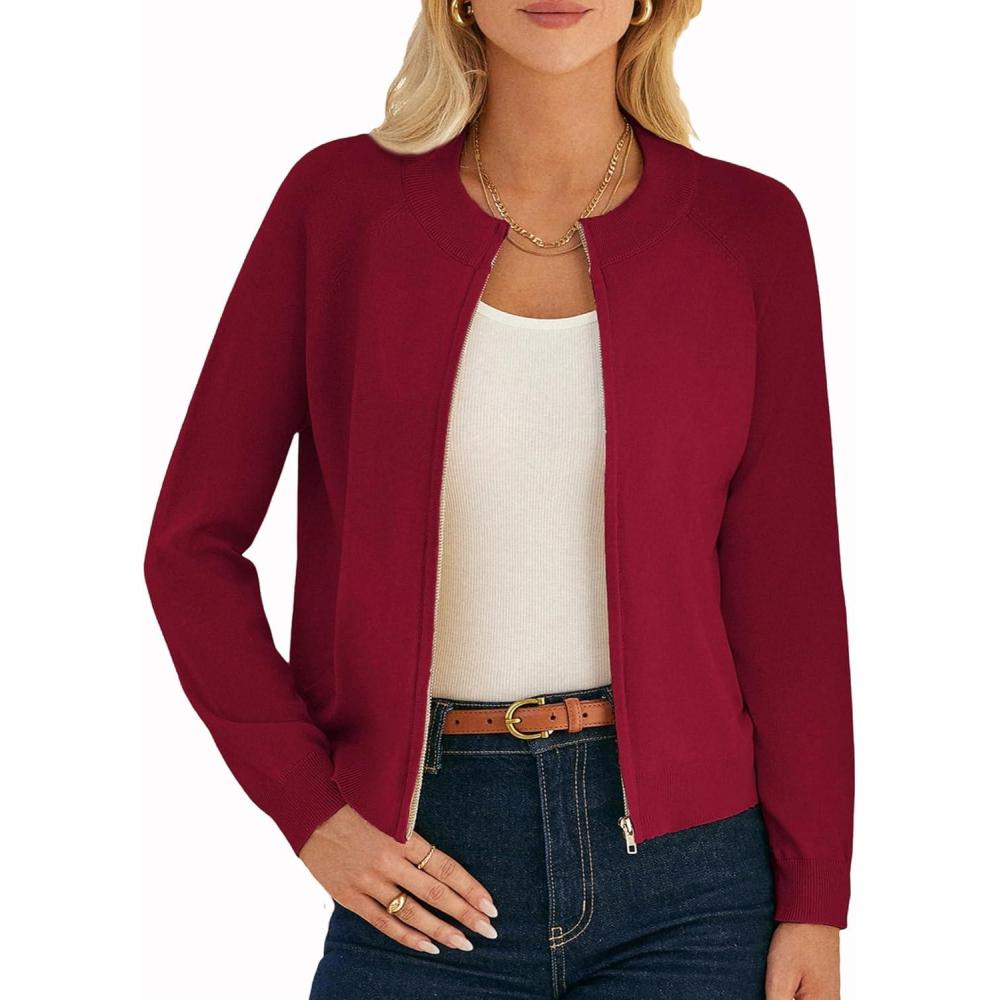 imageGRACE KARIN Womens Long Sleeve Zip Up Cardigan Sweaters Lightweight Fashion Sweater Jacket Knitted Spring ClothesRed
