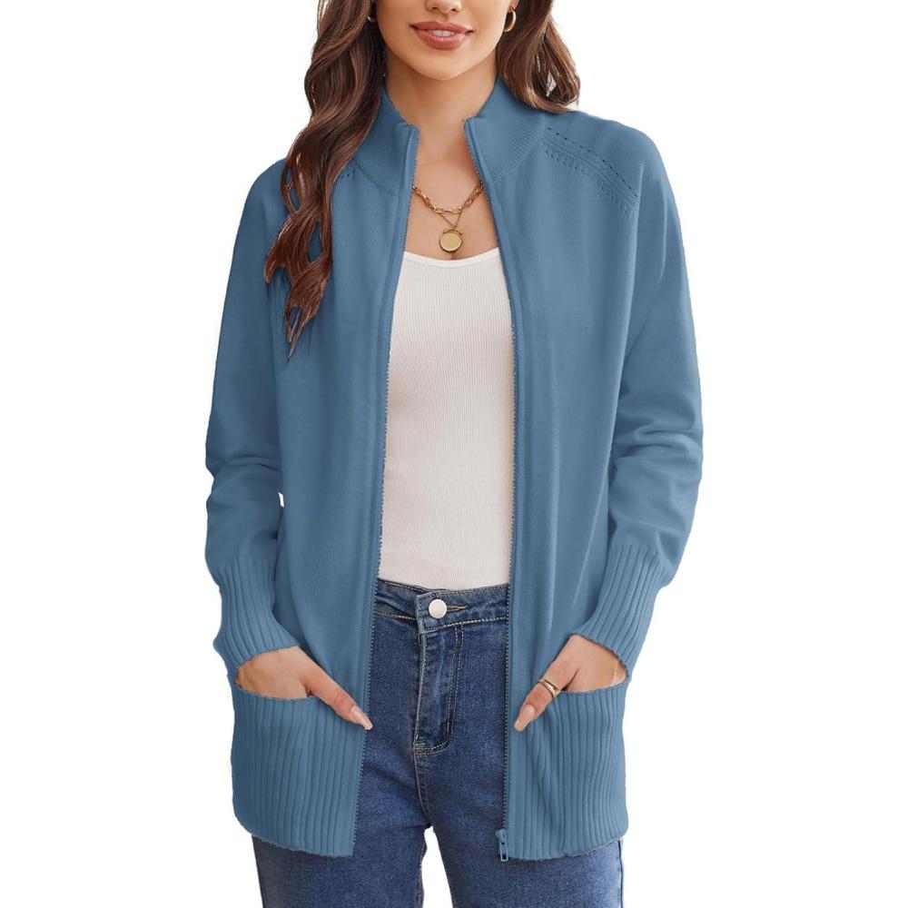 imageGRACE KARIN Womens Long Sleeve Zip Up Knit Cardigan with Pockets Stand Collar Full Zip Sweater Coats Trendy Fall JacketsBluegrey
