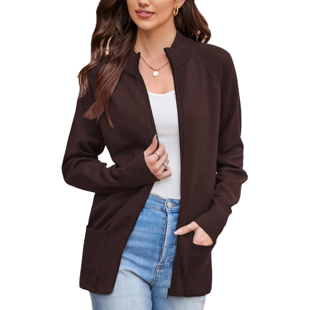 imageGRACE KARIN Womens Long Sleeve Zip Up Knit Cardigan with Pockets Stand Collar Full Zip Sweater Coats Trendy Fall JacketsChocolate Brown